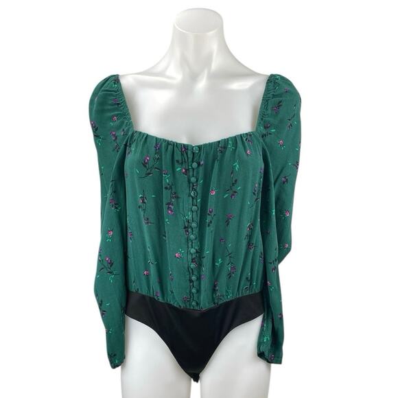 AFRM Green Floral Long Puff Sleeve Peasant Button Up Blouse Bodysuit Top Size M - Picture 1 of 5